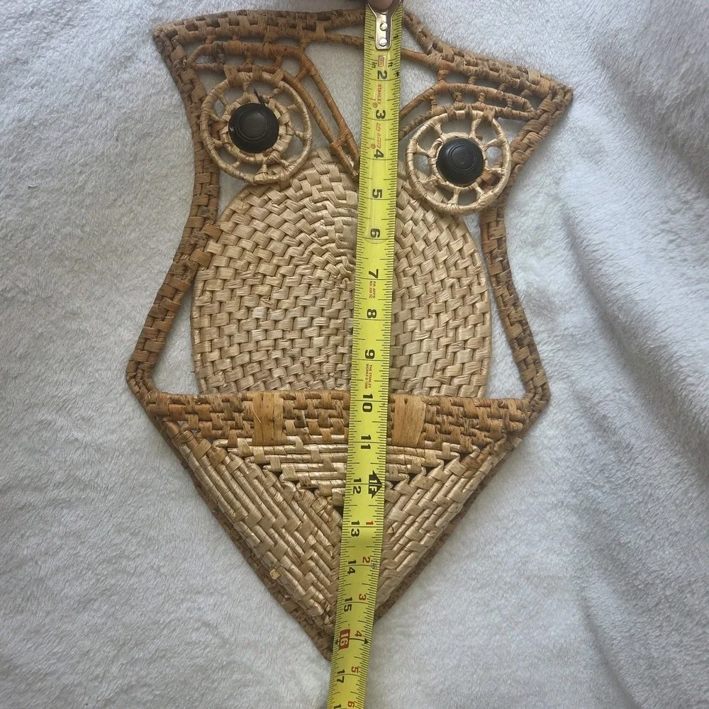 Vintage Boho Owl Woven Wicker Wall Pocket Mail Trivet Holder Cottagecore Read